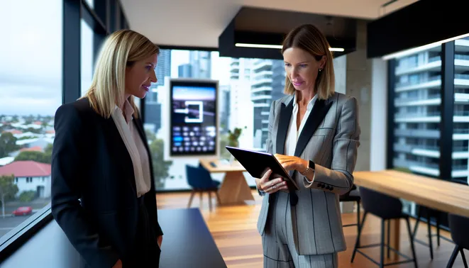 Businesswoman using AI tablet for client interaction in modern Melbourne real estate office