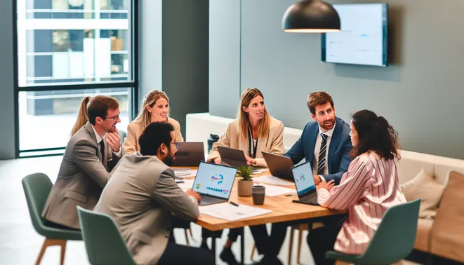 Diverse team discussing AI customer service metrics in a modern Melbourne office environment.