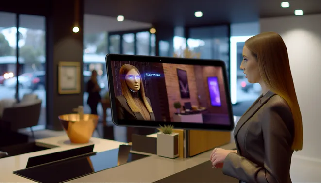 Real estate agent conversing with AI receptionist on tablet in modern Melbourne office.