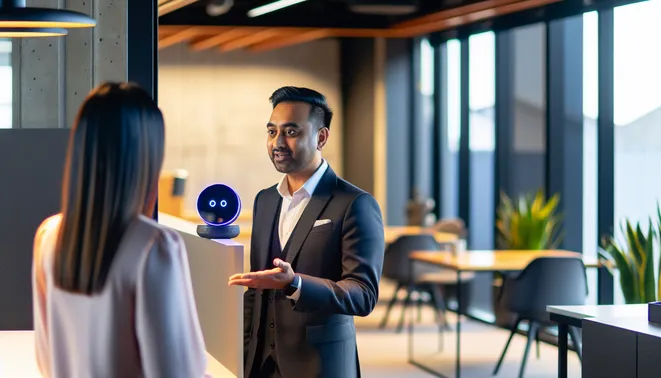 Real estate agent conversing with AI voice assistant in modern Melbourne office space