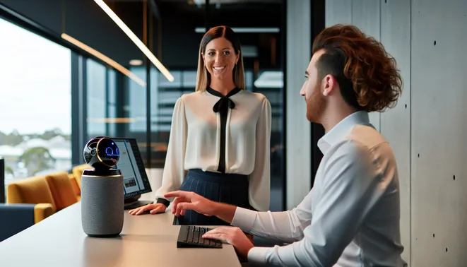 Real estate agent interacting with AI voice assistant in a modern Melbourne office.