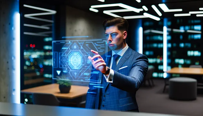 Melbourne real estate agent using holographic AI interface in a modern office setting.