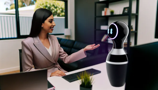 Real estate agent engaging with AI voice assistant in sleek Melbourne office setting