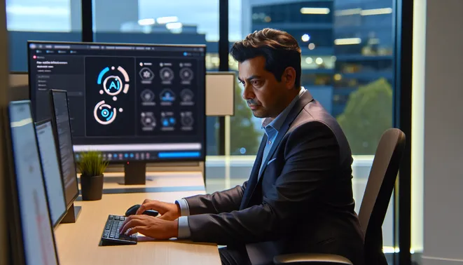 Real estate agent using AI dashboard for customer interactions in Melbourne office.