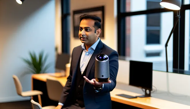 Professional agent engaging with AI voice assistant in sleek Melbourne real estate office.