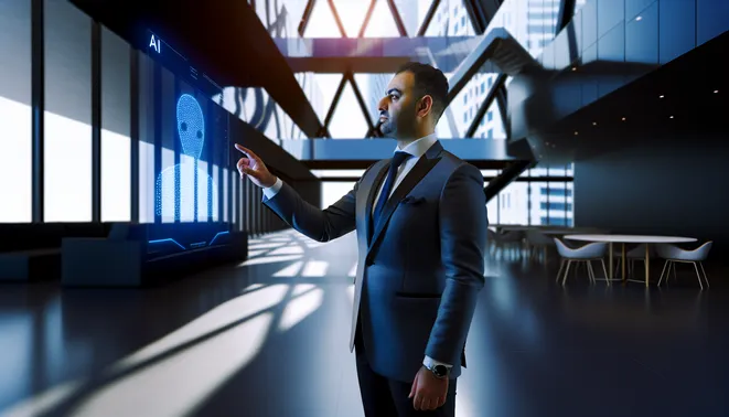 Real estate agent utilizing AI technology on touchscreen in modern Melbourne office