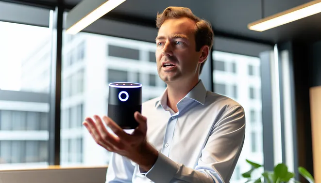 Real estate agent interacting with AI voice assistant in a contemporary Melbourne office