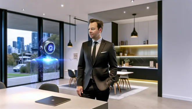 Real estate agent interacting with holographic AI assistant in sleek Melbourne office