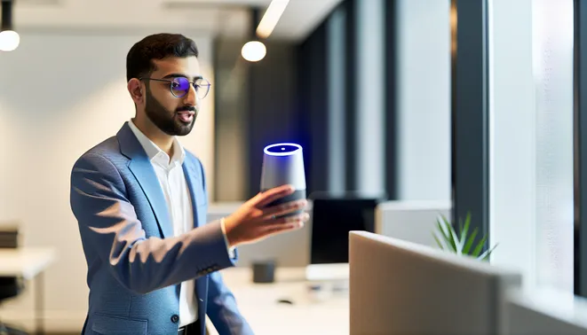 Melbourne real estate agent interacting with AI voice assistant in a modern office