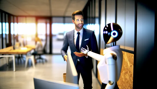 Melbourne real estate agent engaging with AI assistant in a modern office environment