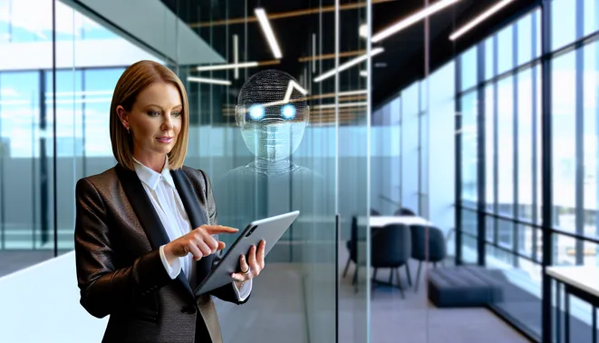 Real estate agent using AI interface on tablet in modern Melbourne office with glass walls.