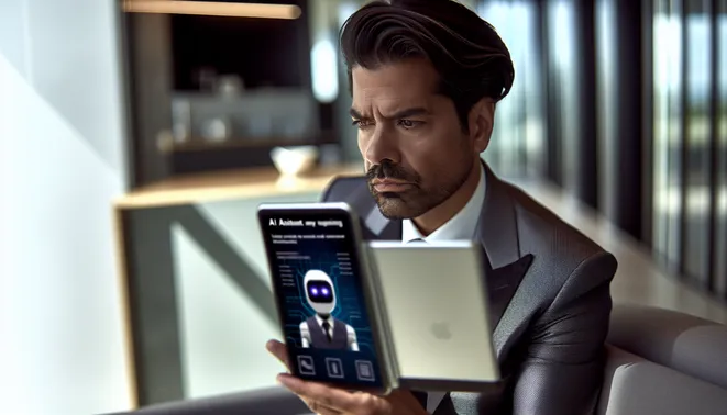 Melbourne real estate agent using AI assistant on tablet in sleek, modern office