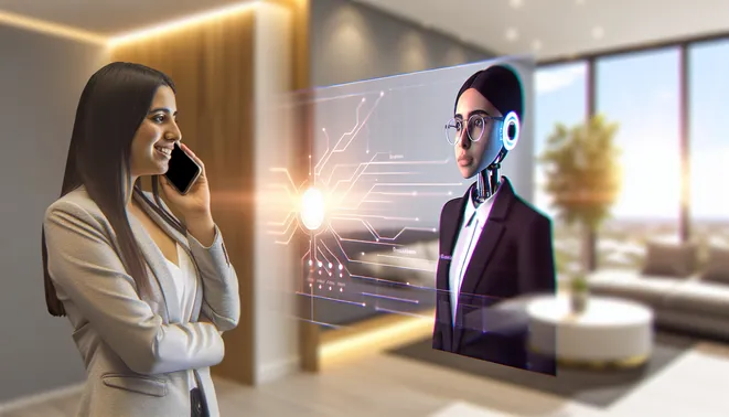Real estate agent in Melbourne video calling an AI receptionist in a modern office.
