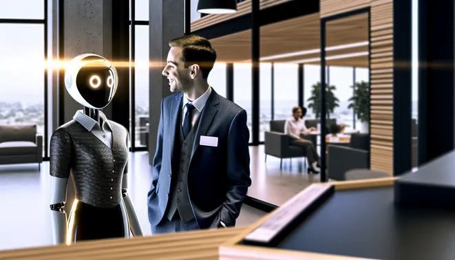 Melbourne real estate agent interacting with sleek AI receptionist in a modern office setting