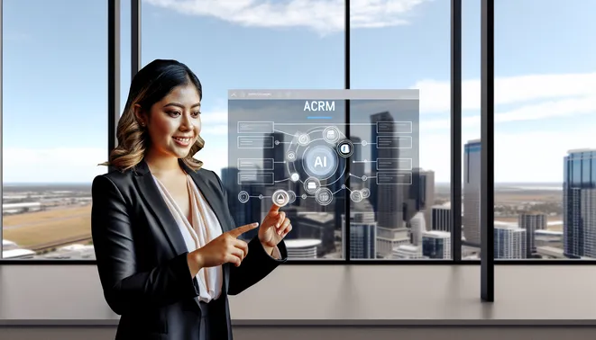 Businesswoman engaging with AI CRM dashboard in modern Melbourne office with skyline view.