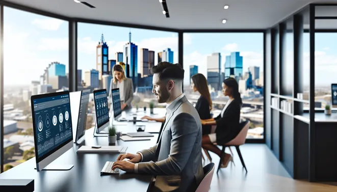 Sales team in modern Melbourne office using AI-driven CRM tools with city skyline view.