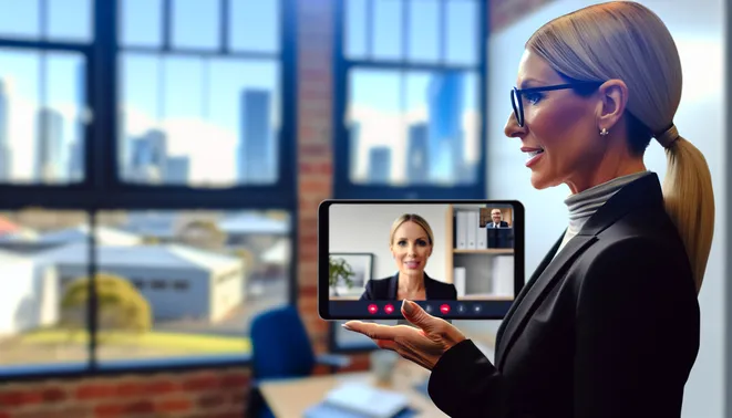 Businesswoman in Melbourne real estate office using AI technology during video conference.