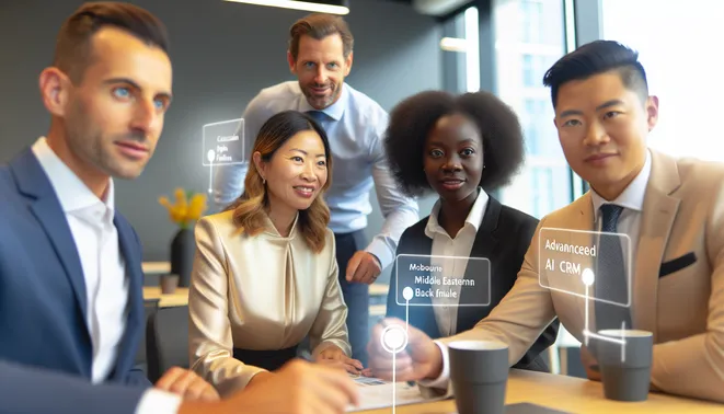 Diverse professionals at a Melbourne real estate office using AI CRM technology collaboratively.