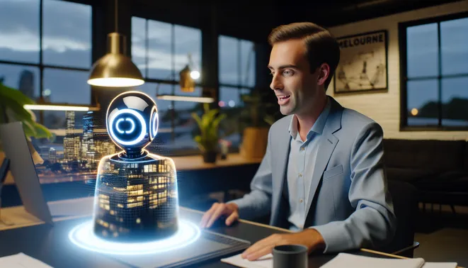 Real estate agent engages with AI voice assistant in a sleek Melbourne office, showcasing technology.