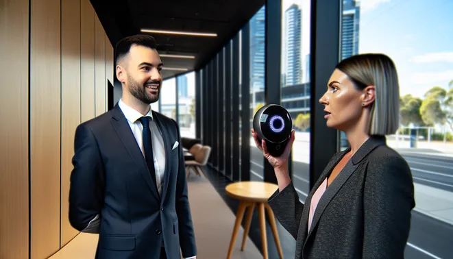 Real estate agent engaging with AI voice assistant in a sleek Melbourne office setting