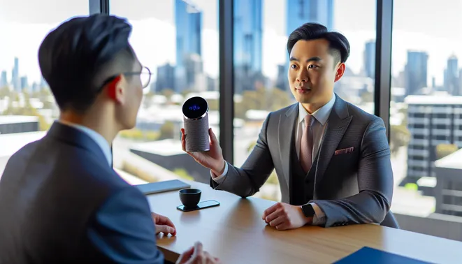 Real estate agent conversing with AI voice assistant in modern Melbourne office