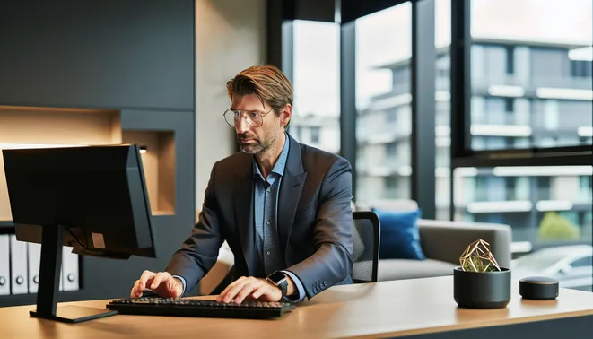 Real estate agent utilizing AI lead management tools in a modern Melbourne office