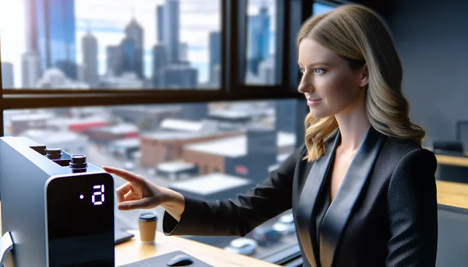 Businesswoman using AI automation tool in modern Melbourne real estate office with city view.