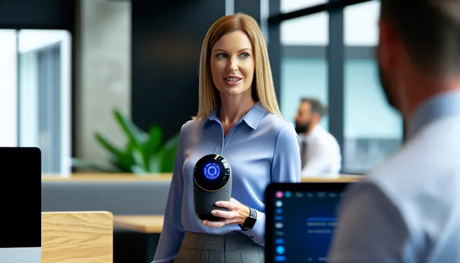 Real estate agent interacting with AI voice assistant in sleek Melbourne office space.