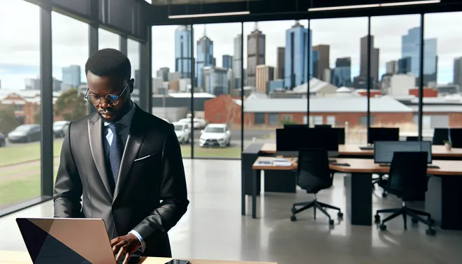 Real estate agent using AI automation software in a modern Melbourne office with city views.