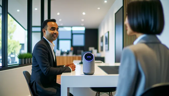 Melbourne realtor engaging with AI voice assistant in a sleek, modern office setting.