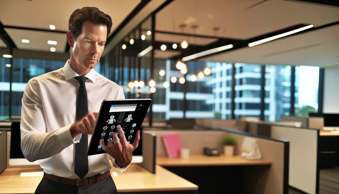 Melbourne real estate agent interacting with AI on a tablet in a modern office