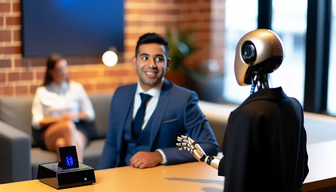 Real estate agent interacting with AI receptionist in a modern Melbourne office setting.