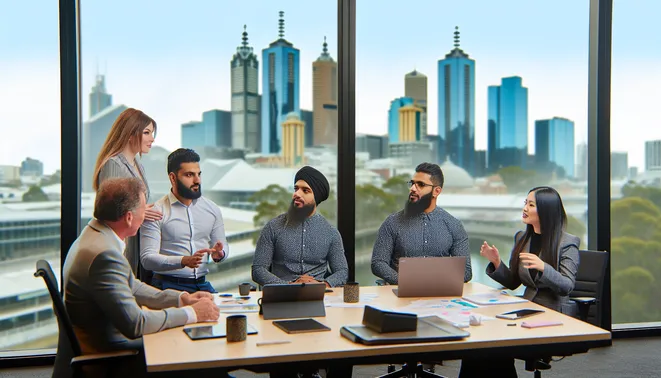 Diverse business team discussing CRM automation tools in a modern Melbourne office setting.