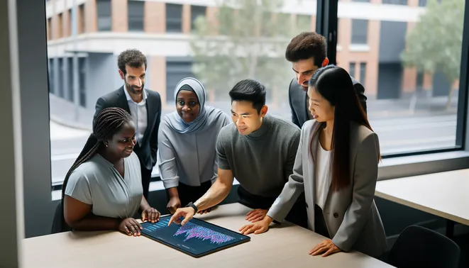Diverse business team collaborating around a digital dashboard showcasing AI sales automation in Melbourne.