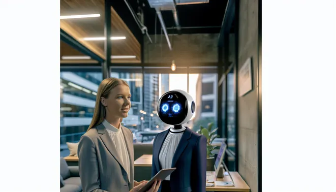 Melbourne real estate agent using AI assistant in a modern, tech-filled office space.