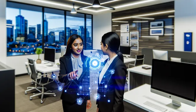 Professional engaging with AI interface in modern Melbourne real estate office highlighting automation.