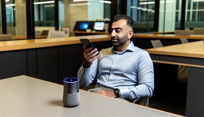 Melbourne real estate agent using AI voice assistant in a modern office setting