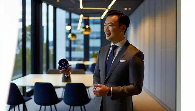 Real estate agent interacting with AI voice assistant in bright Melbourne office