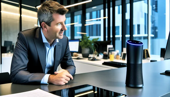 Real estate agent engaging with AI voice assistant in a sleek Melbourne office setting.