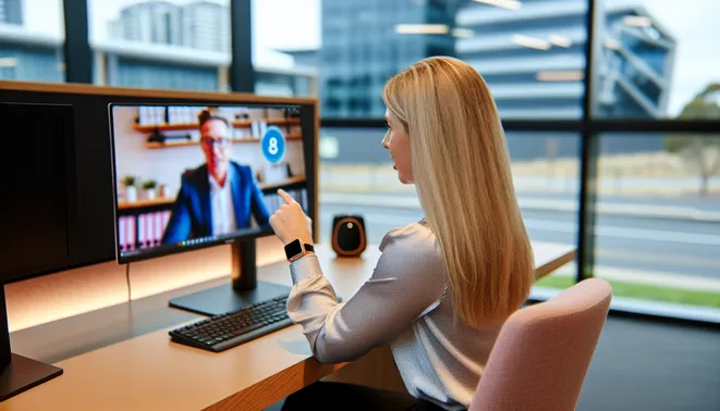Real estate agent in modern Melbourne office using AI-driven CRM during virtual meeting.