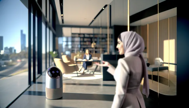 Real estate agent conversing with AI voice assistant in stylish Melbourne office setting