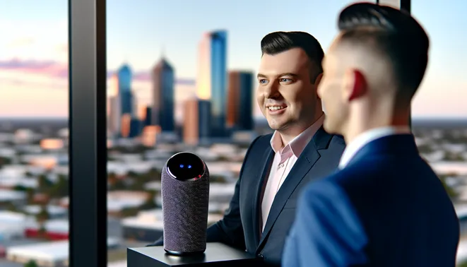 Realtor engaging with AI voice assistant in sleek Melbourne office with skyline view