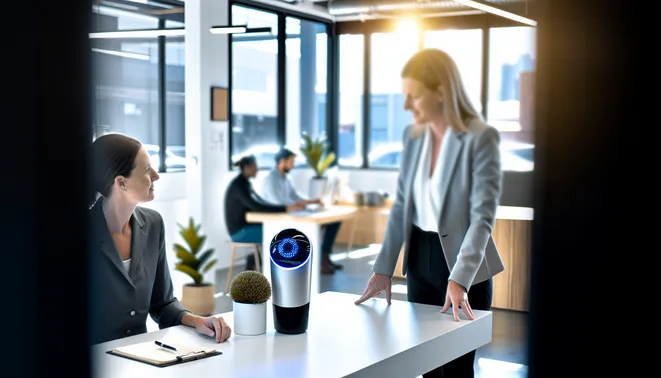 Realtor interacting with AI voice assistant in a bright, modern Melbourne office workspace.