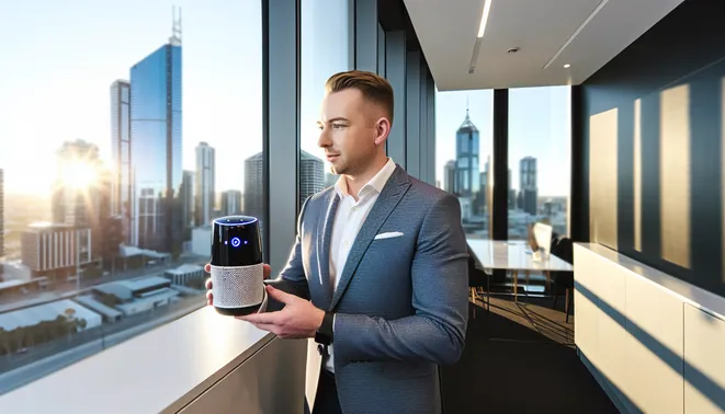 Real estate agent utilizing AI voice assistant in modern Melbourne office with skyline view