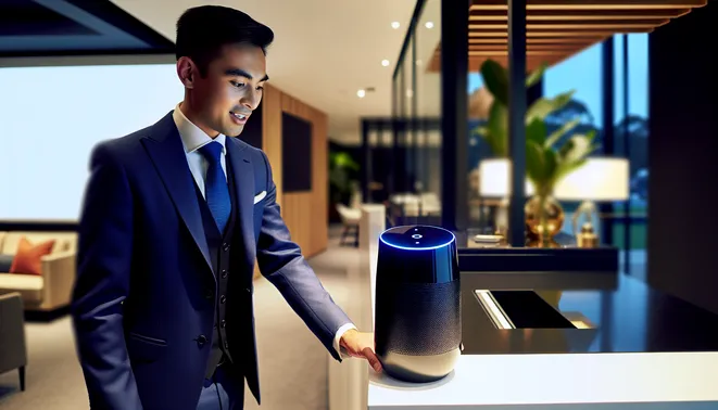 Melbourne real estate agent engaging with AI voice assistant in a sleek, modern office