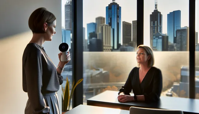 Real estate agent interacting with AI voice assistant in sleek Melbourne office overlooking skyline