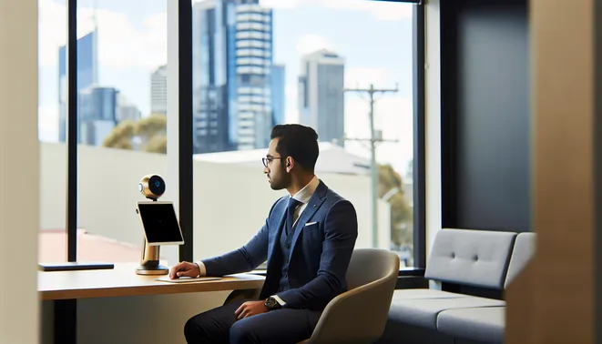 Real estate agent consulting AI assistant on tablet in modern Melbourne office setting.