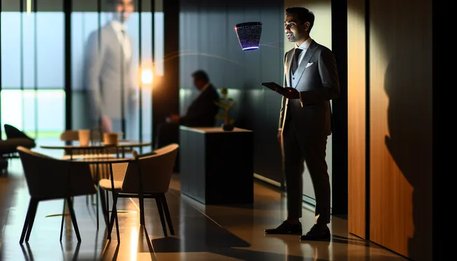 Melbourne agent engaging with AI voice technology in a sleek modern real estate office