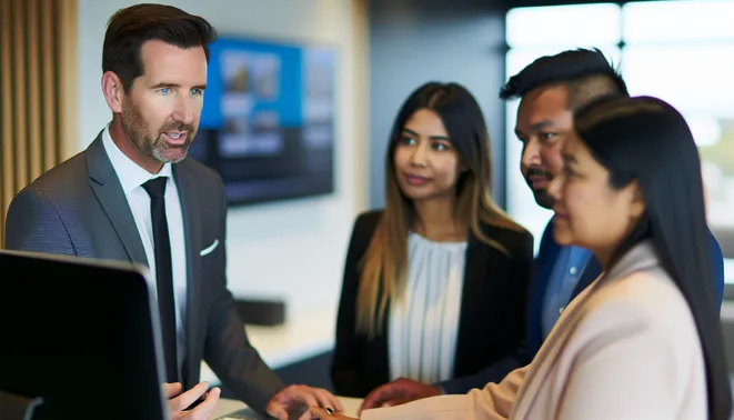 Agent engaging clients with AI tools in a sleek Melbourne real estate office