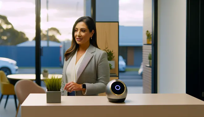 Real estate agent engaging with AI voice receptionist in bright Melbourne office space.